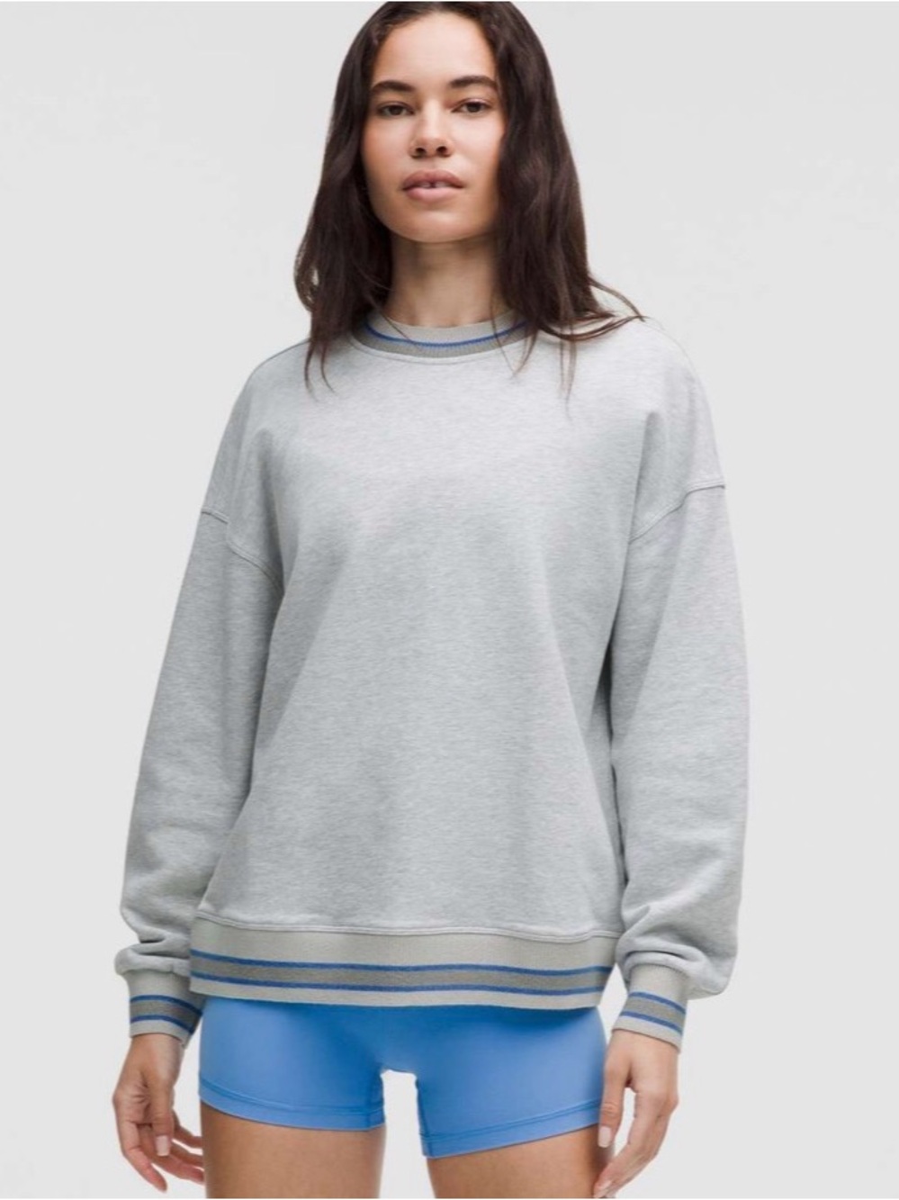 Light Gray Pullover Sweatshirt with Blue Stripe Detail